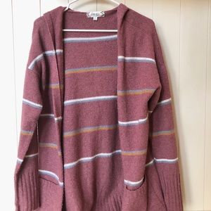 Pink Rose Softly Stripped Caridigan Sweater- SMALL